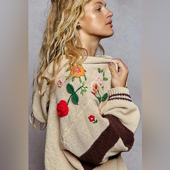 POL Fall Boho Rosy Posy Zip Hoodie Cardigan Striped Sweater - Picture 2 of 13